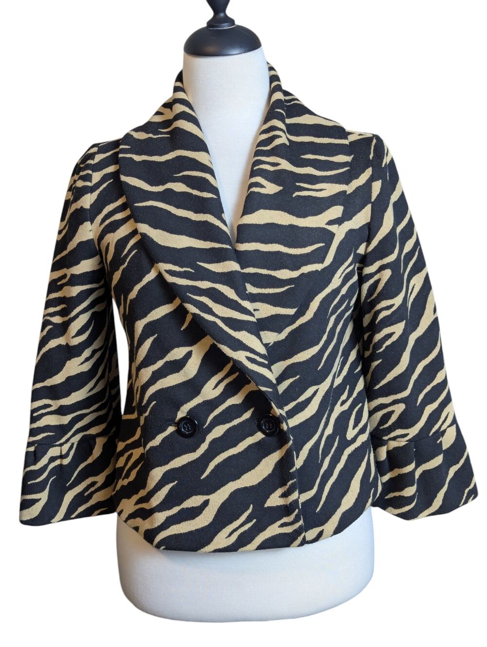 Grace Women's Size 6 Cropped 3/4 Bell Sleeve Blazer Black & Tan Zebra Print